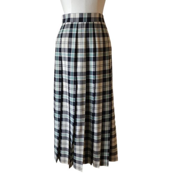 Vintage Dresses & Skirts - Vintage Jaeger Plaid white and navy pleated wool midi skirt